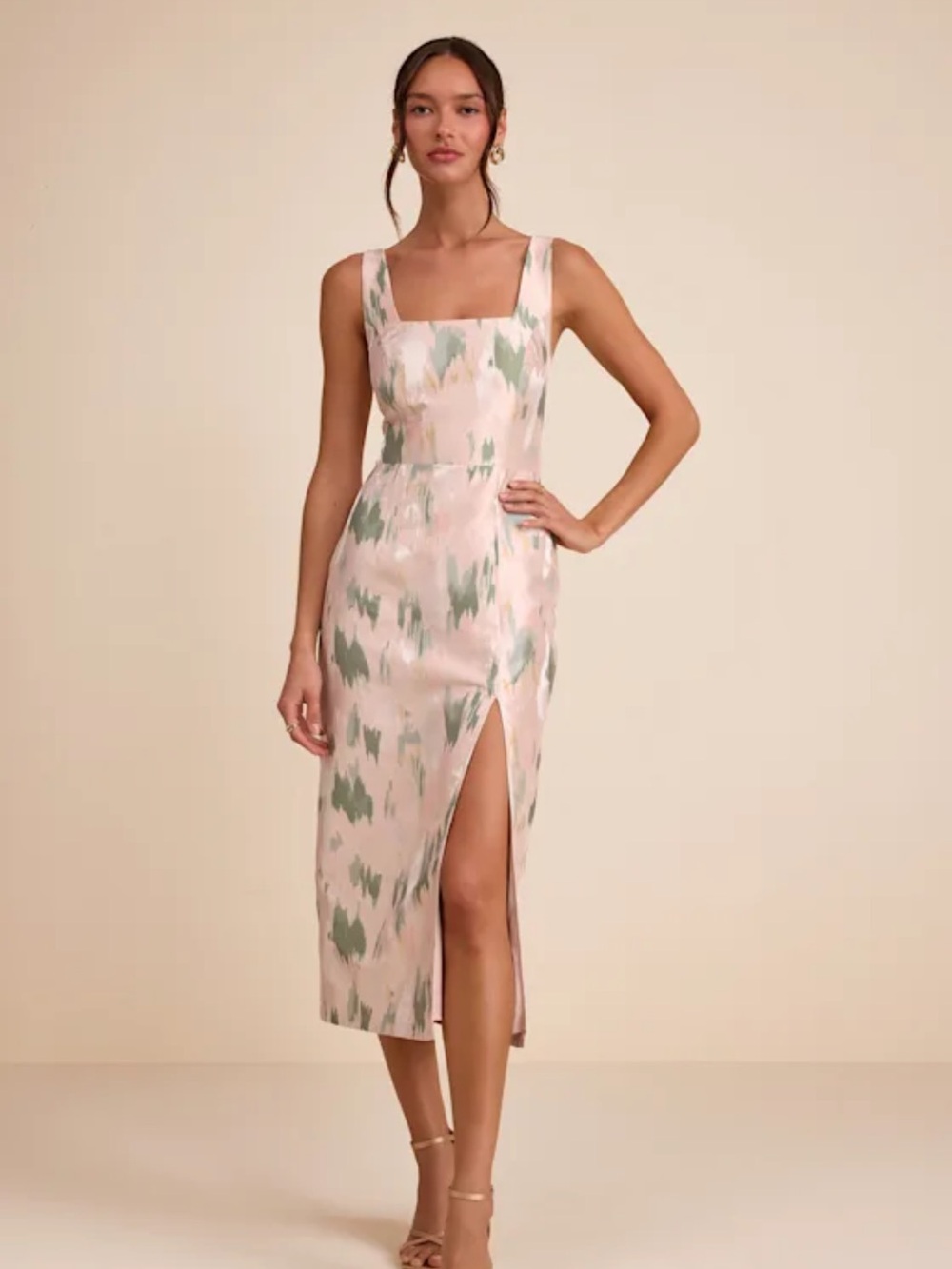 Lulu's Pink, Sage & Gold Abstract Print Midi Dress